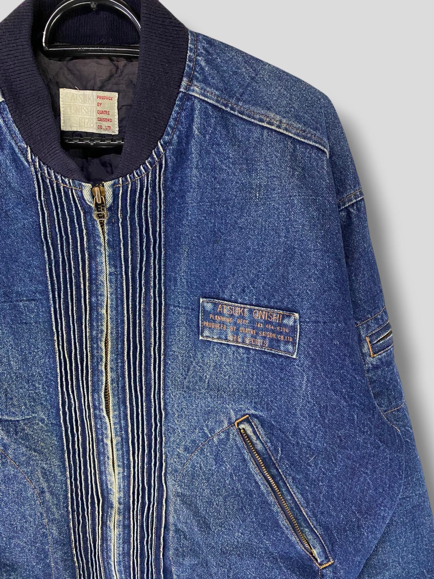 Rare Vintage 80s Atsuki Onishi Pleated Indigo Denim Bomber Jacket