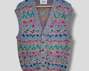 Vintage Missoni fair isle pattern knit gilet designer preppy casual outfit outerwear multicolor knitwear vest size 48