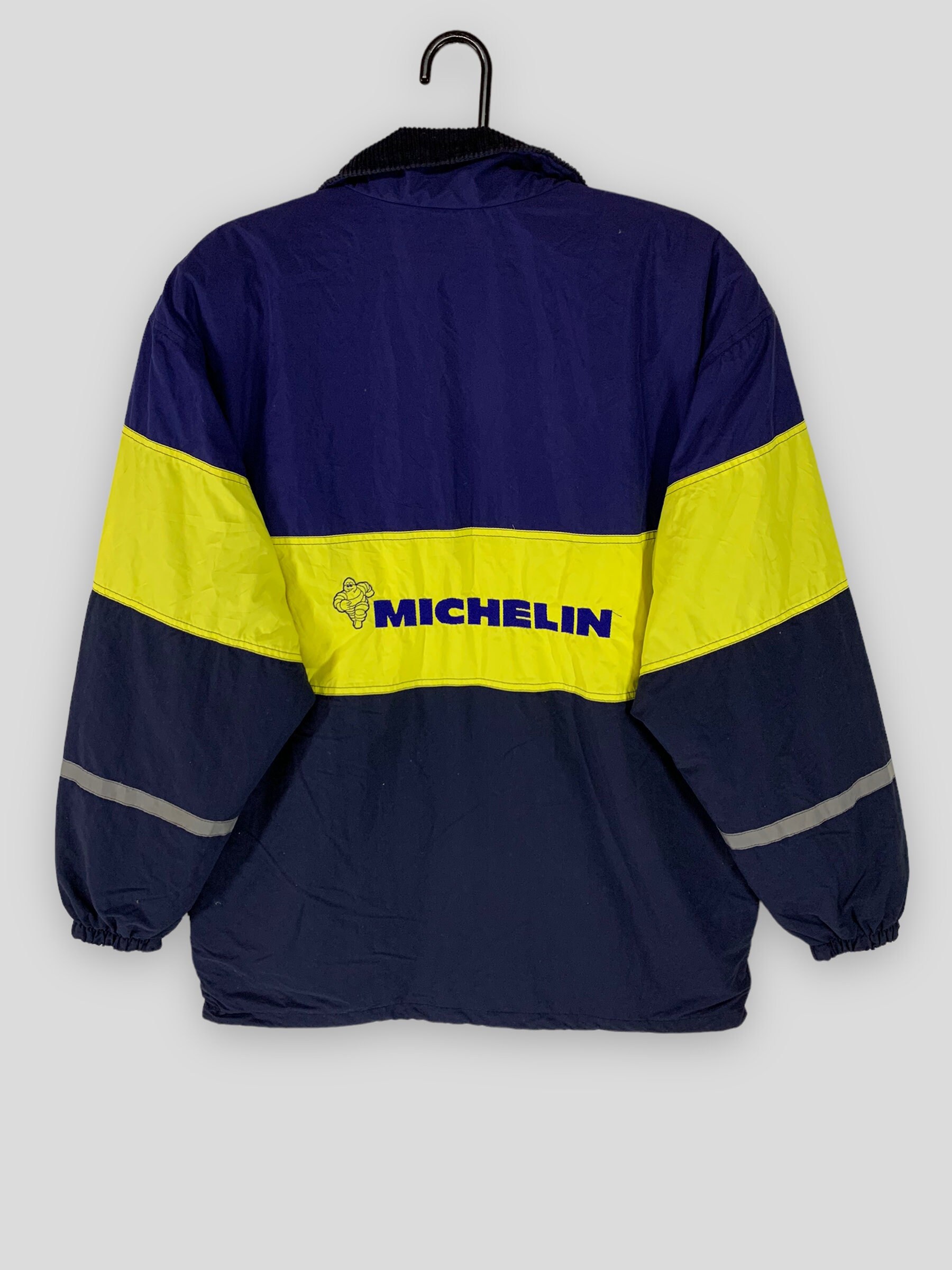 Giacca da corsa sportiva blu gialla con logo ricamato mascotte Michelin spellout vintage taglia Large Etsy Italia