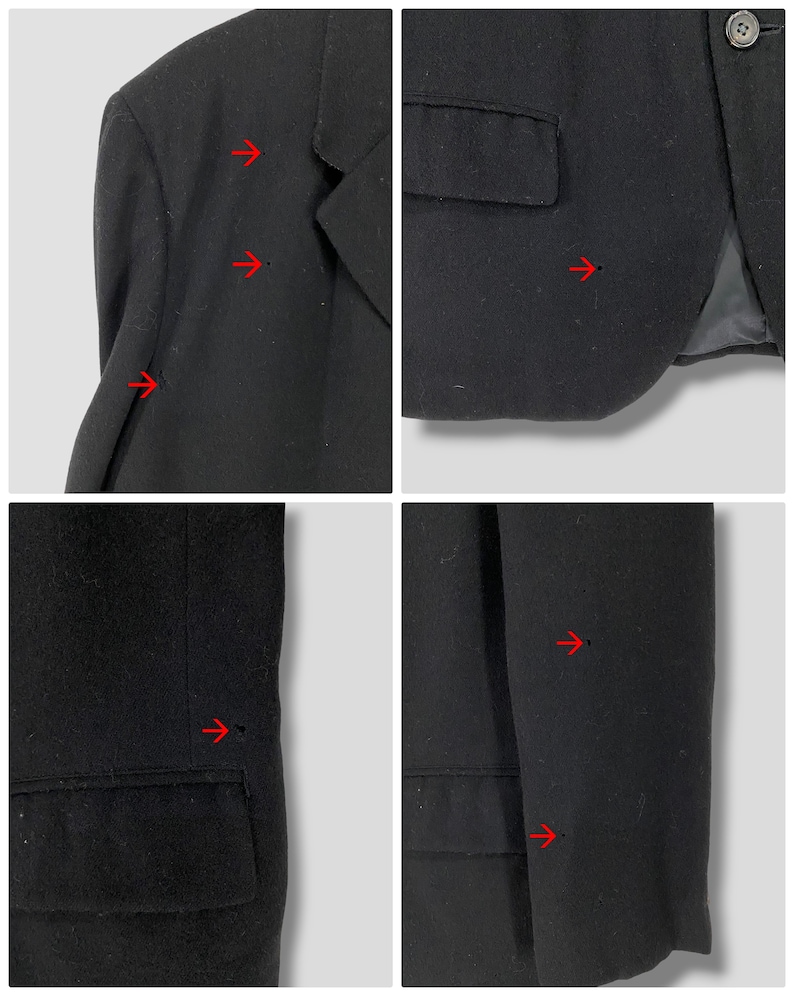 May include: Black blazer with visible signs of wear and tear, including small holes and frayed edges. The blazer has a single button closure and a pocket on the left side.