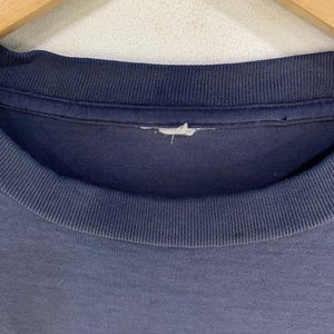 May include: Close-up of a faded navy blue t-shirt collar. The collar is ribbed and shows signs of wear. The shirt is hanging on a wooden hanger against a neutral background.