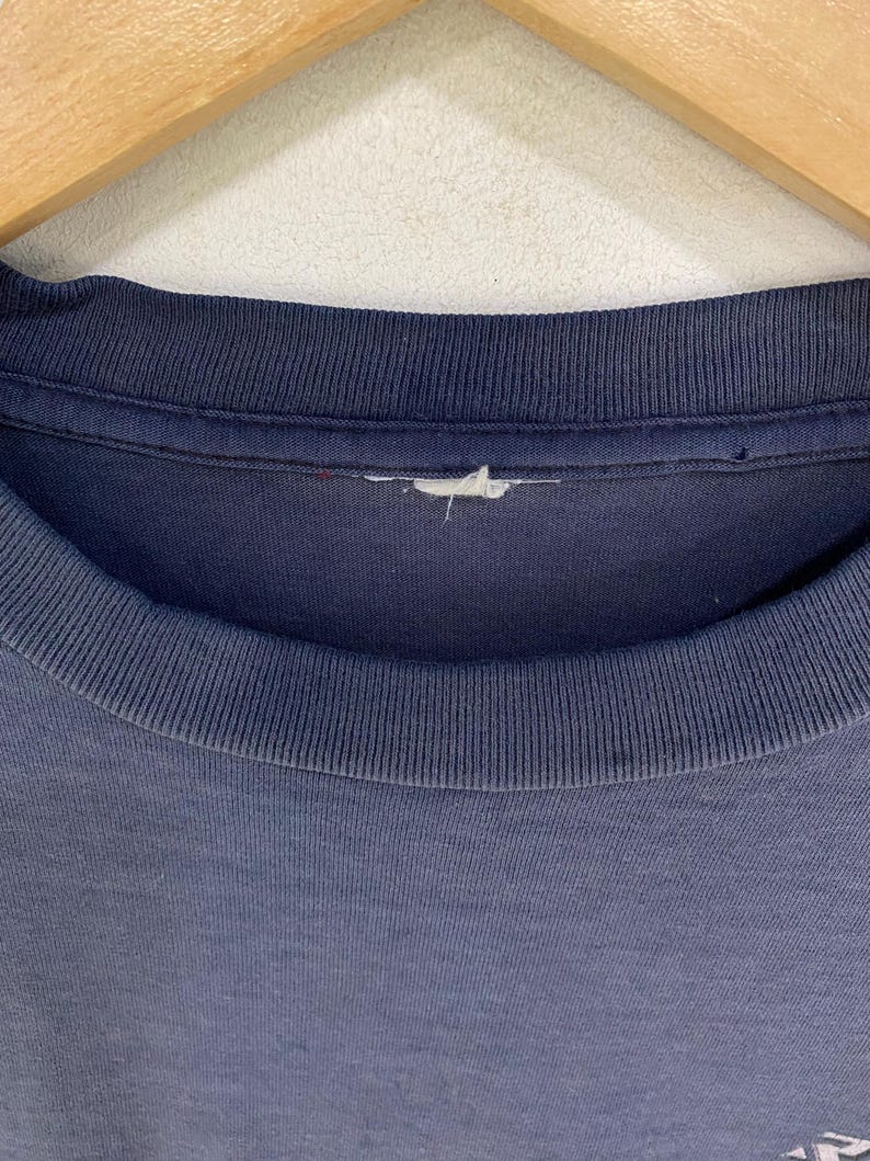 May include: Close-up of a faded navy blue t-shirt collar. The collar is ribbed and shows signs of wear. The shirt is hanging on a wooden hanger against a neutral background.