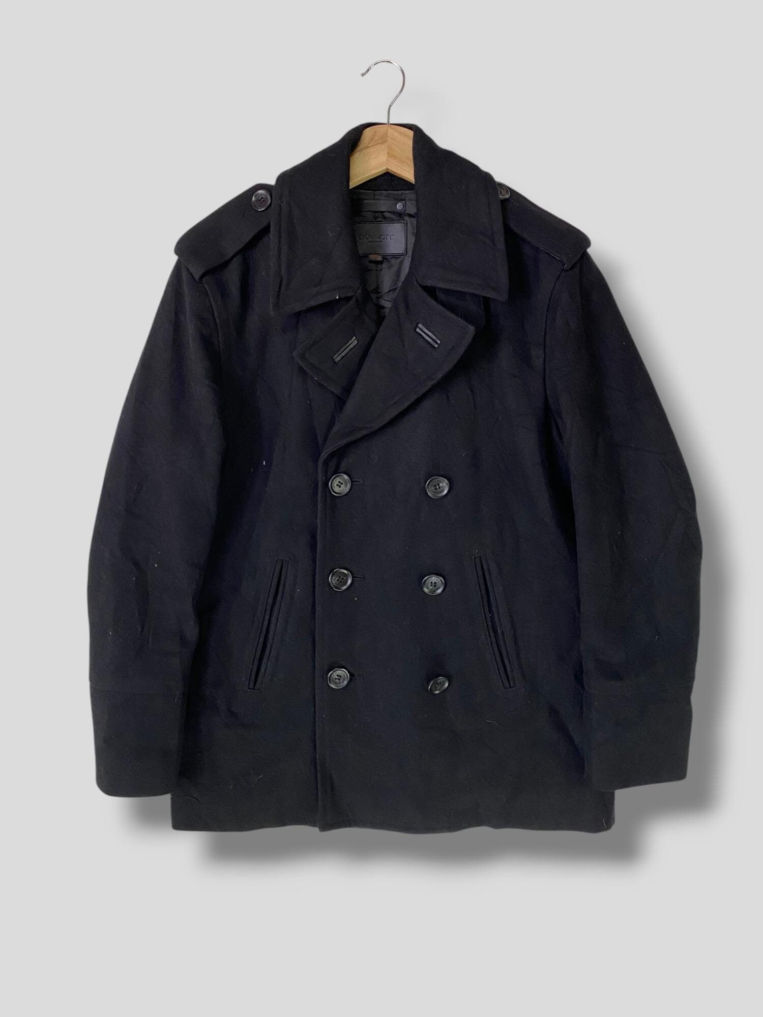 ジャケット・アウター 00s kolor wool Pea coat y2k Vintage Y2K Coach Double Breasted Leather Trim Wool Pea Coat