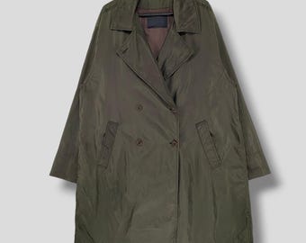 Vintage Prada double breasted nylon coat designer preppy ivy league casual outerwear long jacket Prada Tessuto green Large