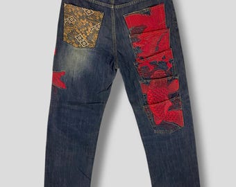 Size 34 Vintage Karakuri Dragon and Koi fish embroidered logo crazy pocket jeans japanese brand streetwear hip hop casual denim bottom wear