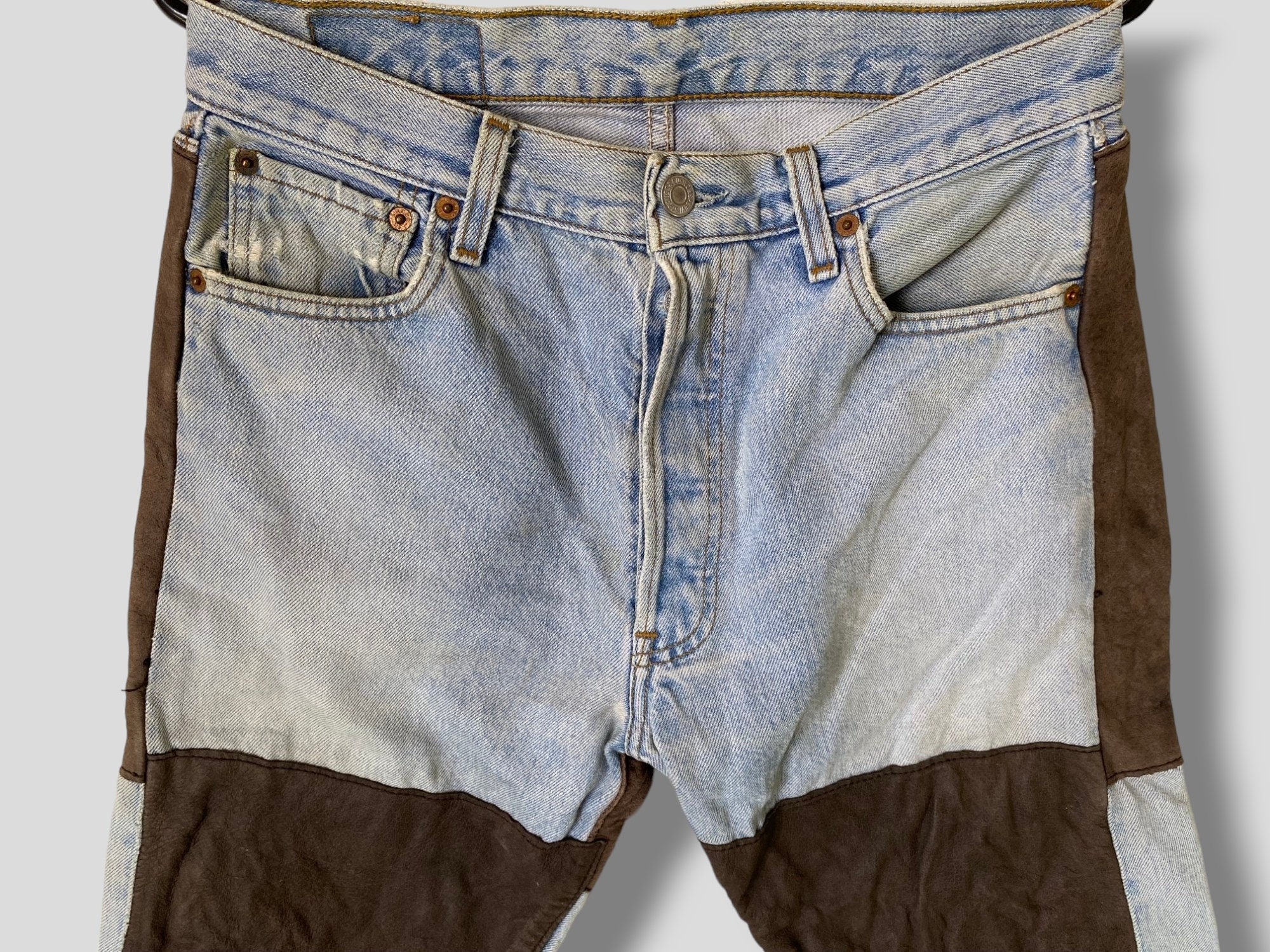 Size 30 Vintage Levis 501 Custom Leather Patch Jeans Streetwear 