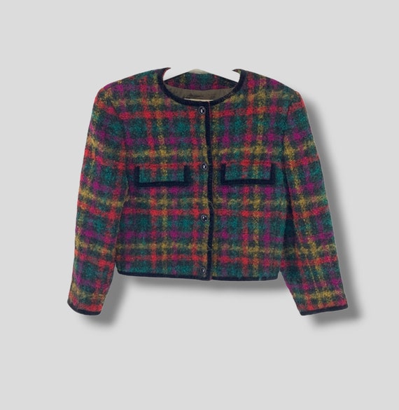 Vintage Gucci Multicolor Gingham Check Collarless Cropped Wool