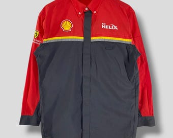 Vintage Scuderia Ferrari Shell Helix Button Down Hemd Motorsport lässige Outfits Formel 1 Arbeitshemd Arbeiter schwarz rot Medium