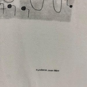 Puede incluir: Tela blanca con un dise&ntilde;o abstracto negro en la parte superior, que incluye l&iacute;neas curvas y puntos. El texto "Fundaci&oacute; Joan Miro" est&aacute; impreso en negro en la parte inferior.