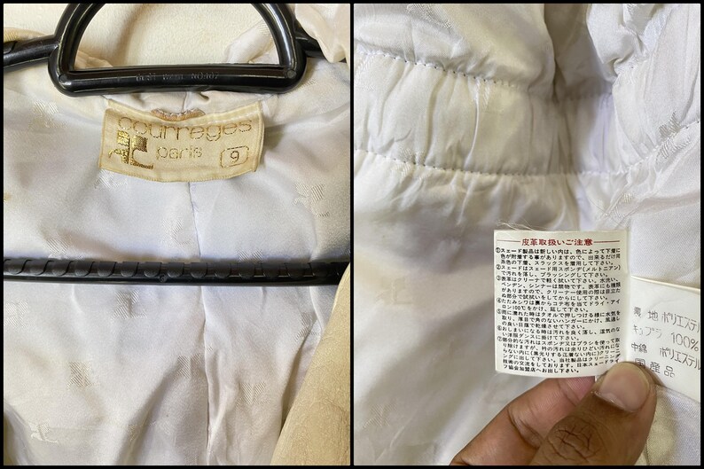 Puede incluir: Chaqueta acolchada blanca con una etiqueta de Courreges Paris y una etiqueta con instrucciones de cuidado en japon&eacute;s. La chaqueta tiene un dise&ntilde;o acolchado y una cremallera.