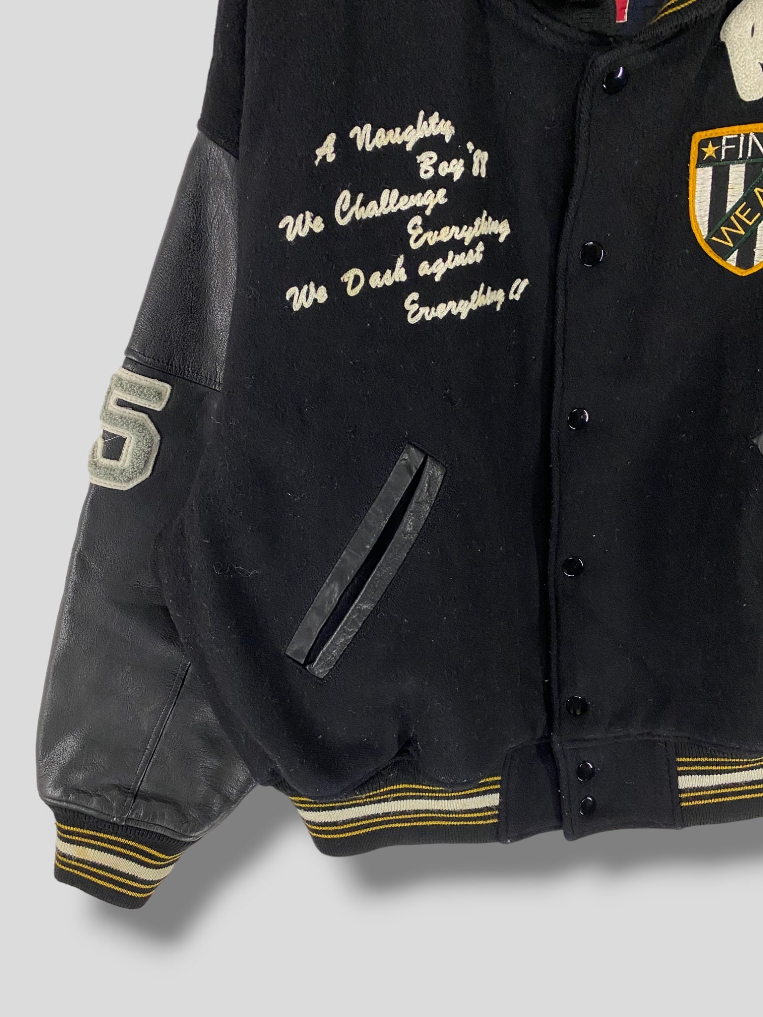 Vintage 90s Posh Boy Embroidered Logo Wool Leather Varsity Jacket