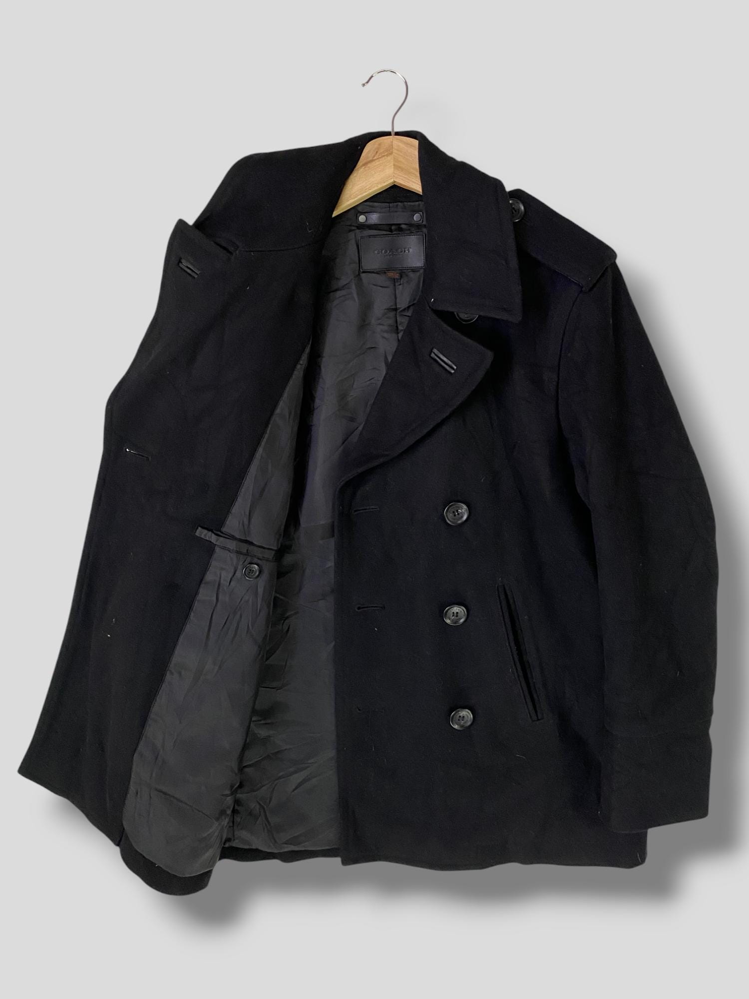 Vintage Y2K Coach Double Breasted Leather Trim Wool Pea Coat