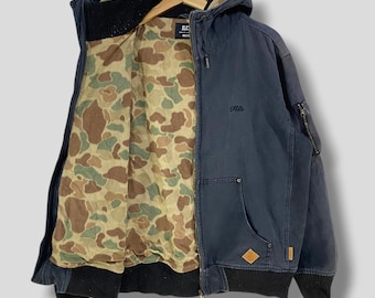 Vintage Y2k ills cotton canvas camouflage fleece lined hoodie jacket workwear casual outfit outerwear hooded works jacket Large