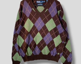 Vintage 90er Jahre Polo Ralph Lauren Diamond Check Kaschmirmischung Strickpullover Designer Casual Outfit Oberbekleidung warmer Pullover Pullover Pullover XLarge