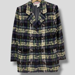 Vintage 80s Laura Biagiotti floral plaid cashmere jacket designer casual outfits outerwear chore coat multicolor womenswear size 44