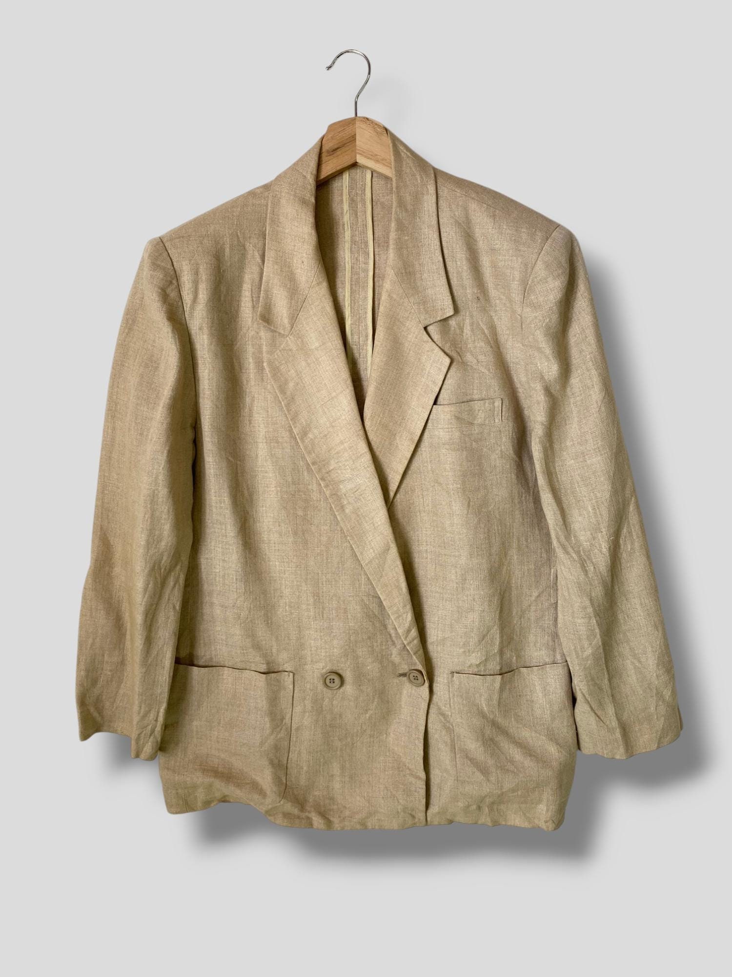 Vintage Calvin Klein hemp linen blazer designer casual outfits fashion outerwear light chore coat suit sports jacket beige Small