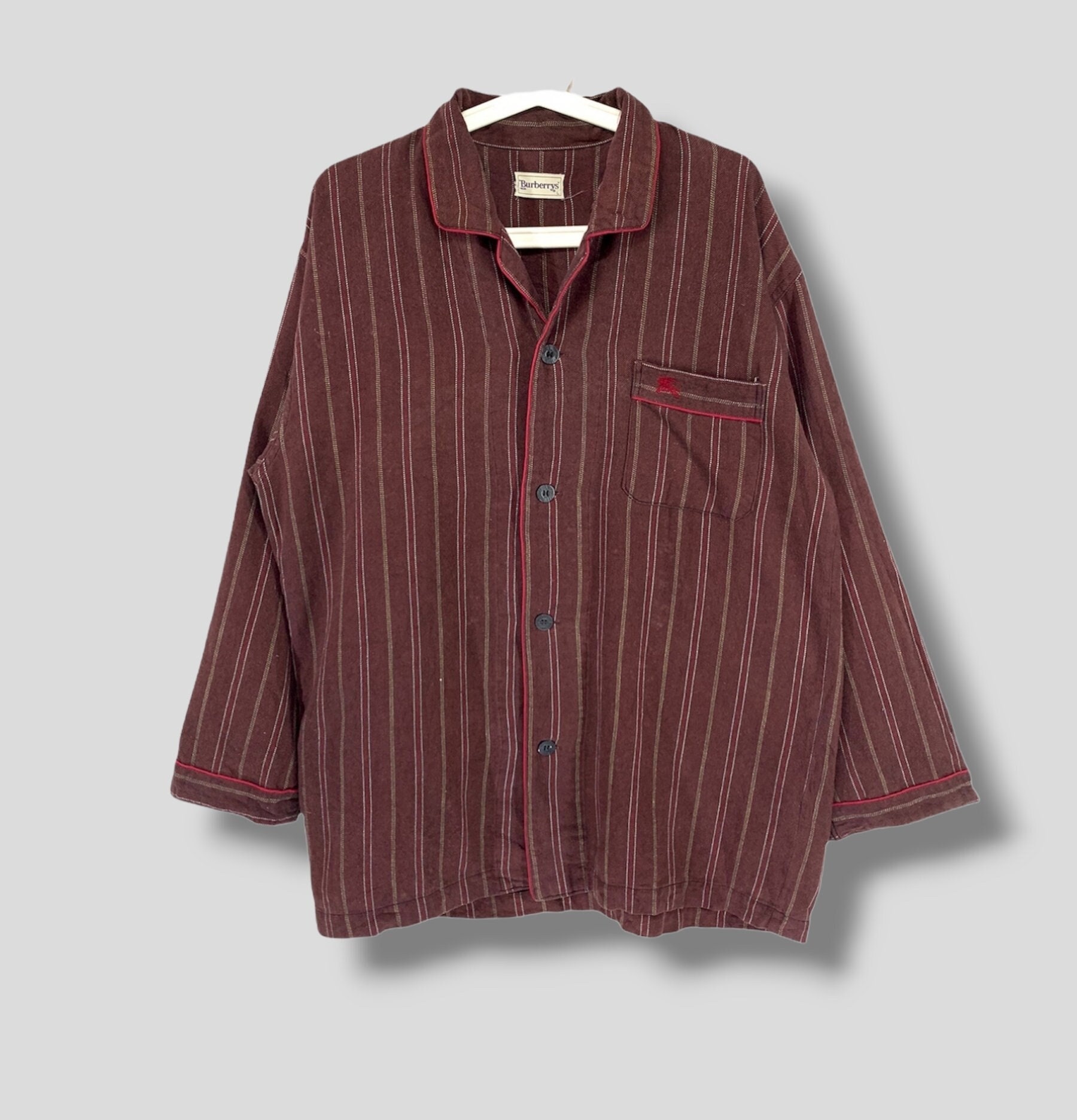 Vintage Burberrys Stripe Pajamas Designer Brown Red Button up