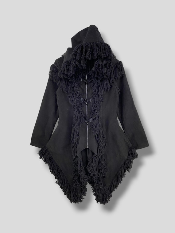 Vintage Y2K Punk Rave Toggle Button Hoodie Fringe Coat Japanese