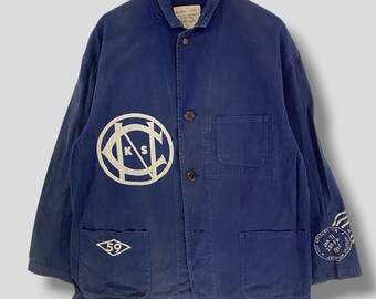 1960s 70s French Chore Coat Work Wear Jacket Blue Bleu De Travail