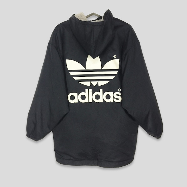 Vintage 90s Adidas trefoil big logo hoodies jacket parka streetwear mens full zipper jacket black winter sherpa jacket size Medium