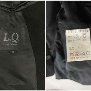 May include: Black blazer with a label that reads "L.Q. Y's for men" and a size "S". The label on the inside of the blazer reads "LT-J03-114" and lists the fabric composition as "wool 95%, nylon 5%, lining: cupro 100%".
