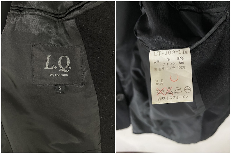 May include: Black blazer with a label that reads "L.Q. Y's for men" and a size "S". The label on the inside of the blazer reads "LT-J03-114" and lists the fabric composition as "wool 95%, nylon 5%, lining: cupro 100%".
