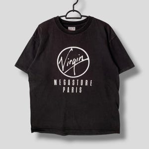 Vintage Virgin Megastore Paris logo tshirt Virgin records entertainment merch rock grunge oneita tee simple point noir grand