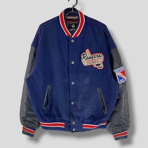 Vintage 90s Kitchener Rangers hockey embroidered logo leather varsity jacket Ironhead Canada athletic streetwear snao bomber blue Large