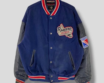 Chaqueta universitaria de cuero con logo bordado de hockey Kitchener Rangers de los años 90, estilo militar deportivo Ironhead Canada, estilo bomber azul, talla grande