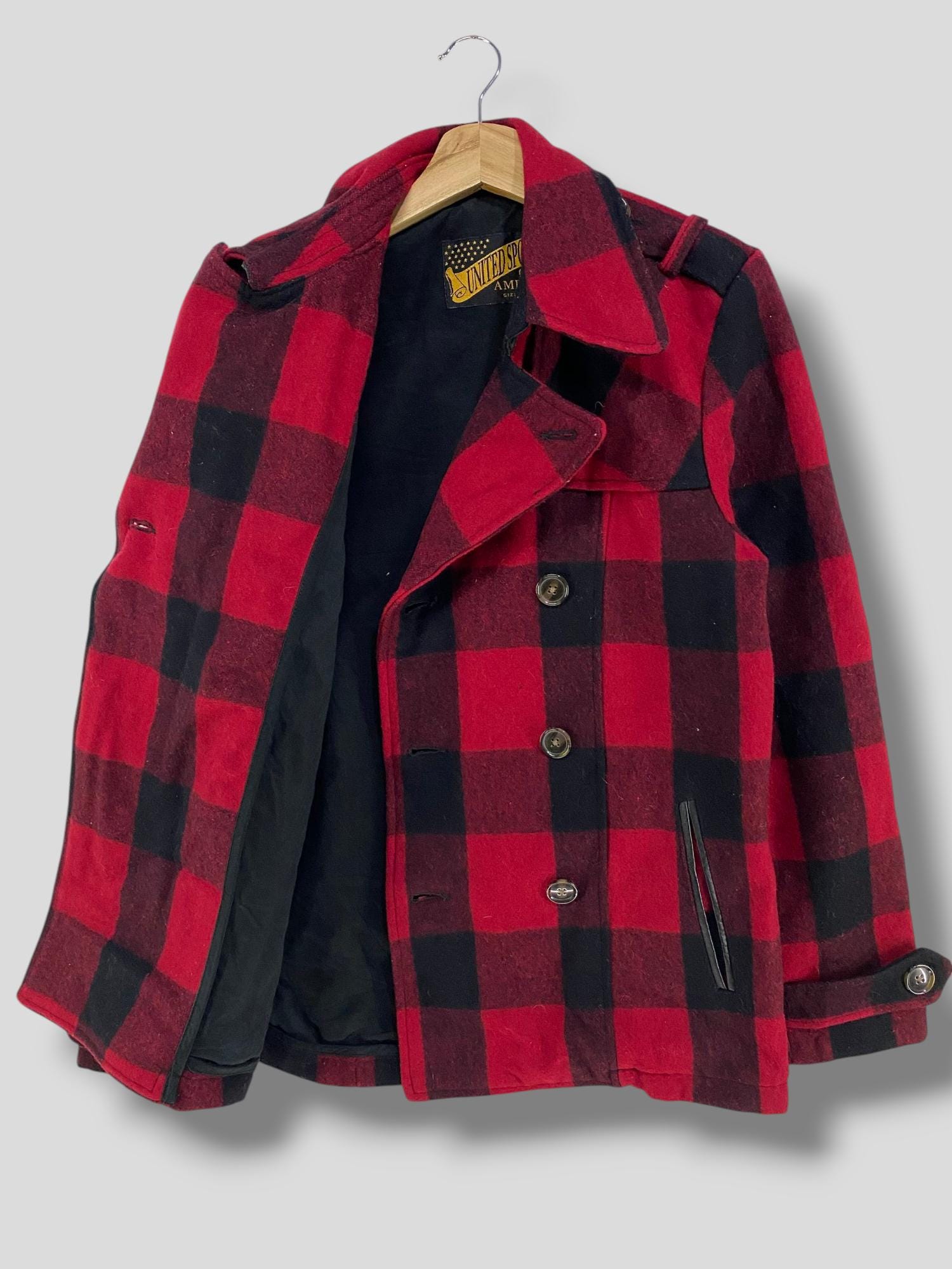 Vintage Y2k United Sports Red Plaid Double Breasted Wool Blend