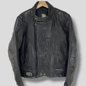 Vintage 70s 80s IXS quilted lined leather motorcycle jacket rugged casual outerwear biker cafe racer jacket leather bomber black Medium