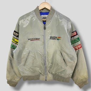 Vintage 90s Benetton renault sport racing team patches embroidered logo bomber jacket collectible motorsport blouson jacket size Medium