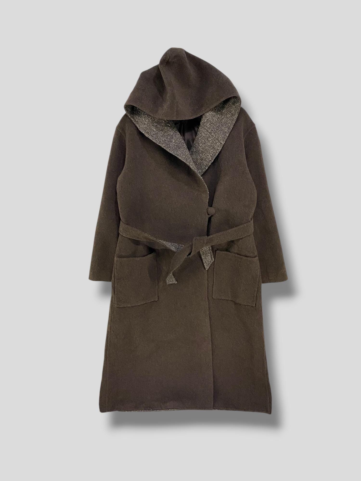 Vintage 90s Mitsuhiro Matsuda Madame Nicole wool silk blend hooded coat designer casual outerwear preppy ivy league overcoat brown size 38