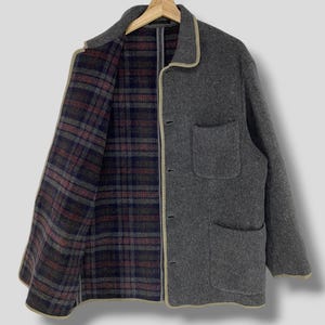 Vintage y2k Papas Schaffell trim kariert gefüttert Wolle chore Mantel japanische Marke arbeitet casual-Outfits Arbeitskleidung utili-Jacke grau Medium