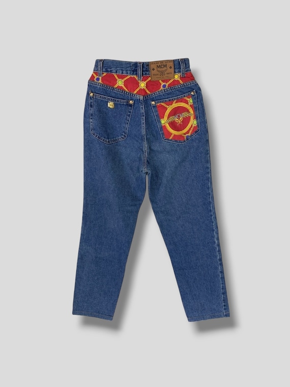Size 25 Vintage 90s MCM Embroidered Logo Patchwork Denim