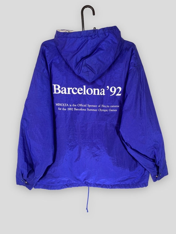 ノンネイティブ ベロア ジャケット ブルゾン 青901J▲ Vintage 90s Minolta Olympic Barcelona Hoodie Jacket Collectible
