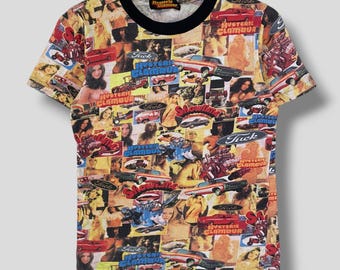 Vintage 90er Jahre Hysteric Glamour Allover Print Tshirt Japanisches Designer-Label Harajuku Punk Casual Outfit multicolor Xsmall
