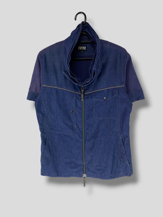 Vintage Y2K PPFM Layered Hi Collar Denim Zipper Shirt Japanese 