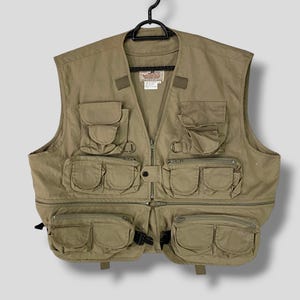 Vintage 90s Woodfield multi pocket tactical hunting vest outdoor utility gorpcore casual outfits fishing shooting vest beige Large