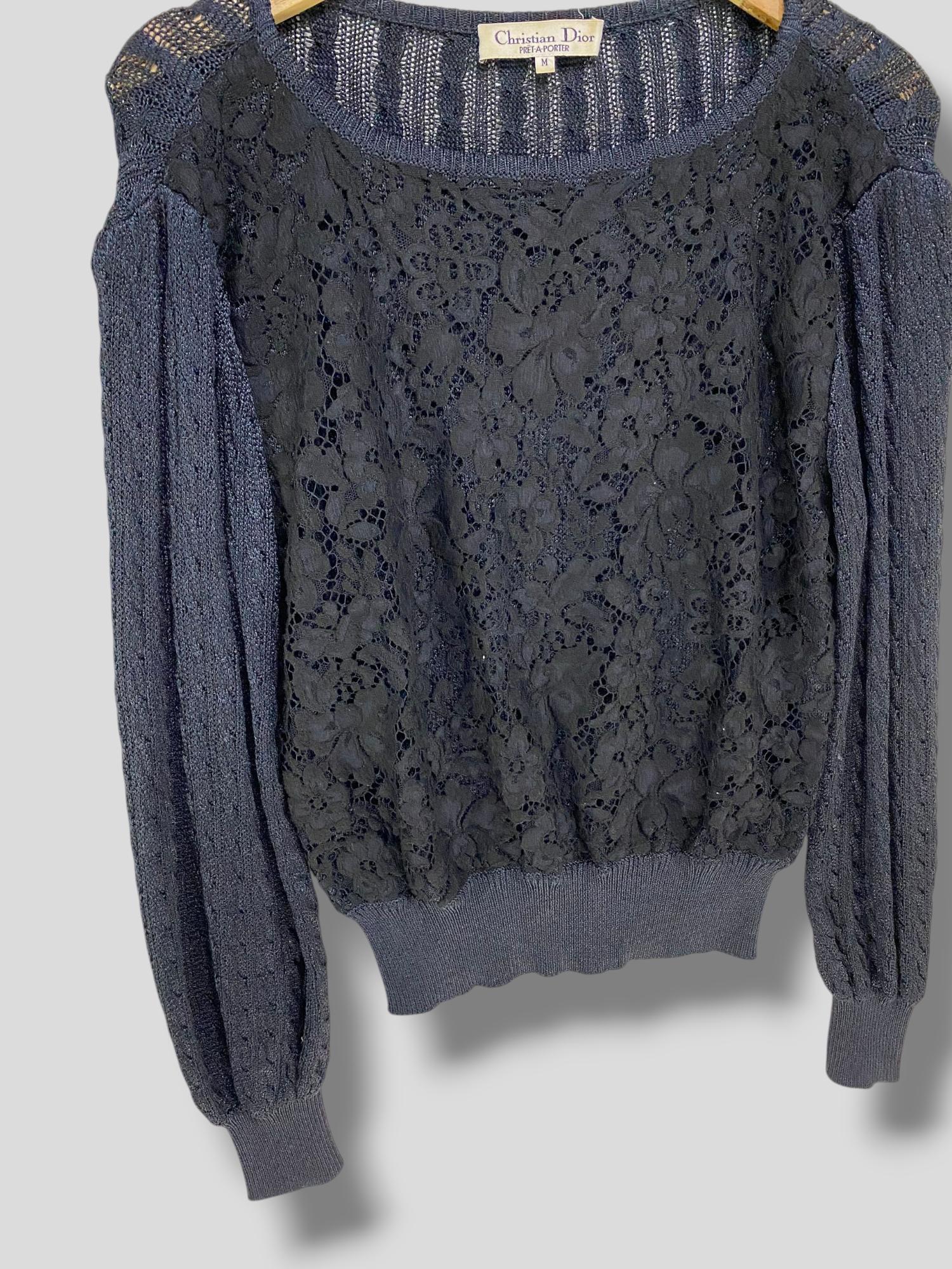Vintage Christian Dior Lace Knit Silk Top Sweater Designer Preppy
