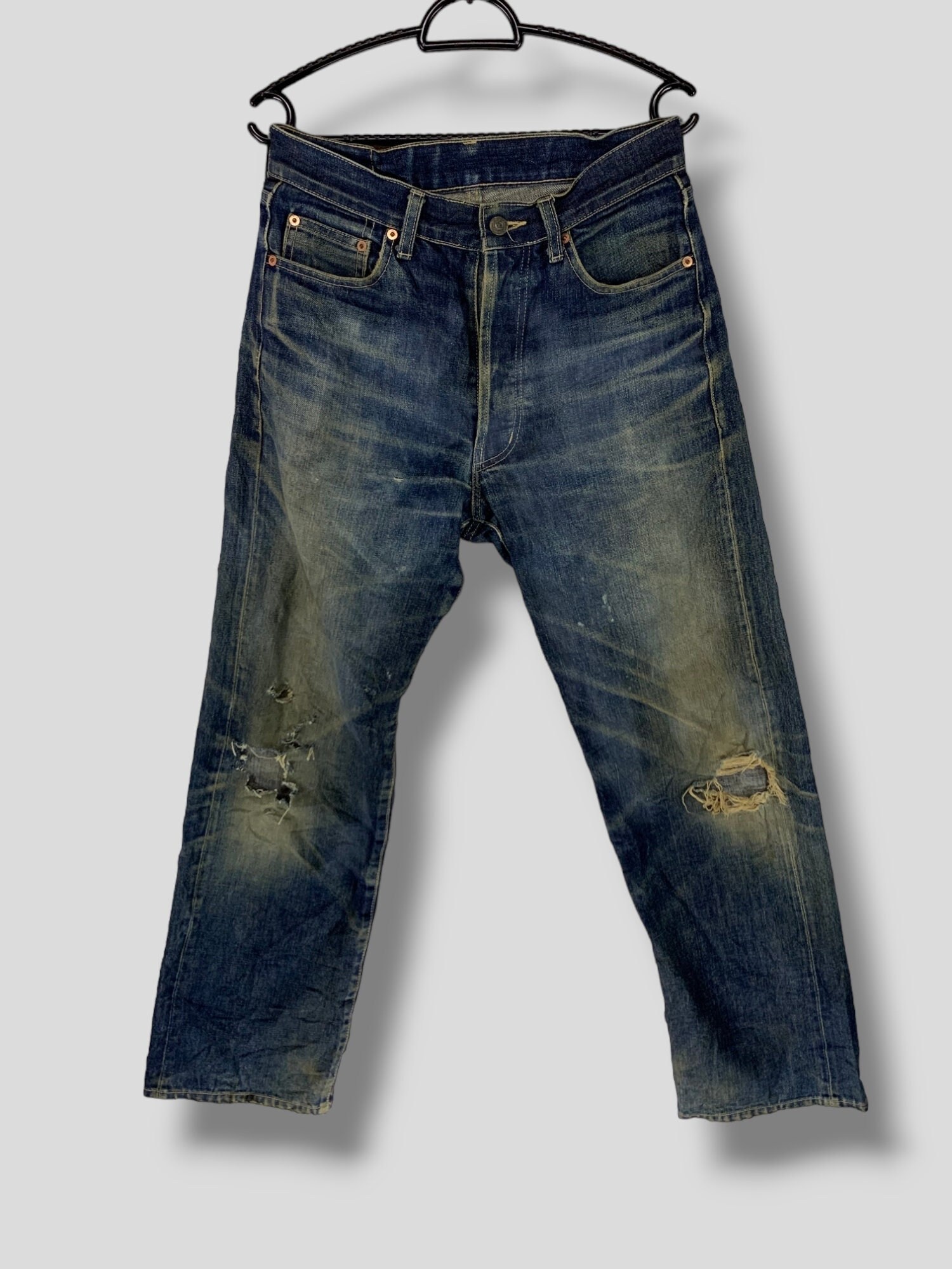 ◆THE MUSEUM VISITOR◆ STAR DAMAGED BOOTSCUT DENIM PANTS YEL MON a Commemorative Denim of Gate Distressed Selvedge Denim