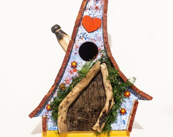Rustic wooden quirky crooked fairy hobbit birdhouse