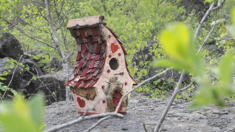 Casa de pájaros rústica de hadas de madera recuperada torcida hecha a medida imagen 2