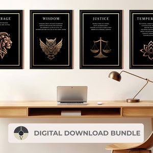 Impressões digitais de parede The Stoic Virtues - Gráficos em bronze, fundo preto, arquivos PDF, A5 a A0, impressão doméstica ou impressão profissional