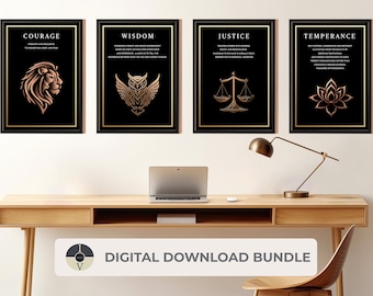The Stoic Virtues Digital Wall Prints - Bronze Graphics, Black Background, PDF Files, A5 to A0, Home Printable or Professional Printing