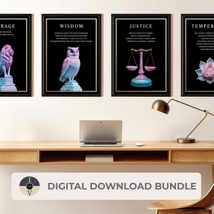 The Stoic Virtues Digital Wall Art Prints - PDF Files, Marble Design, Black Background, A5 to A0, Home Printable or Professional Printing