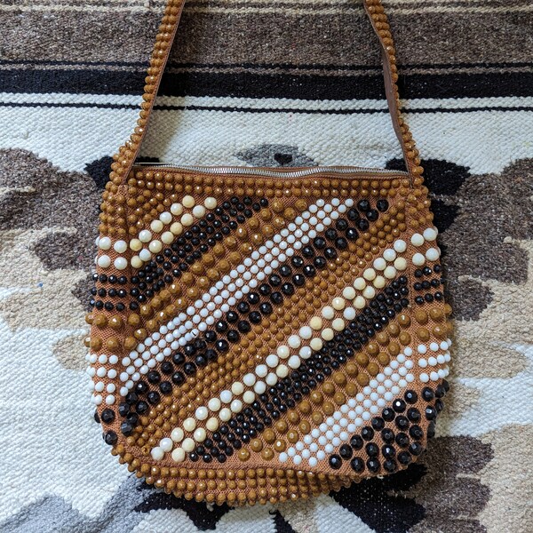 Vintage 1970s Roger Van S beaded purse - 13.5" across - 11.5" high - please read item description