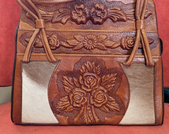 Vintage tooled leather/cowhide top handle bag - 11.25" across - 9.5" high - please read item description