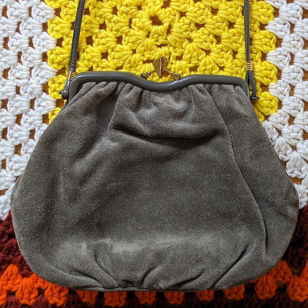 Vintage 1970s grey suede Mastercraft purse - 8" in height - 11" across - please read item description