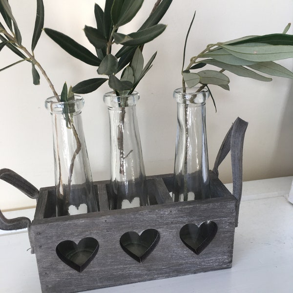 Glass Vase Set In Wooden heart cut out Holder